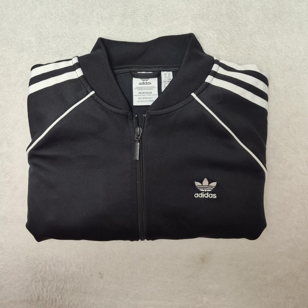 Adidas Track Jacket Women Medium Black Trefoil SST Primeblue Zip Pockets Striped